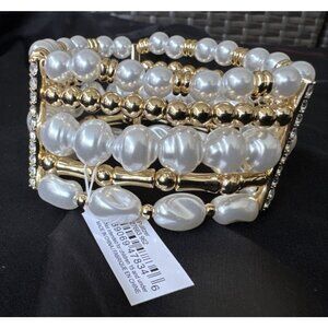 Lilly Pulitzer CZ Cuff Bracelet Gold-tone Rhinestone Faux Pearls Stretch NWT